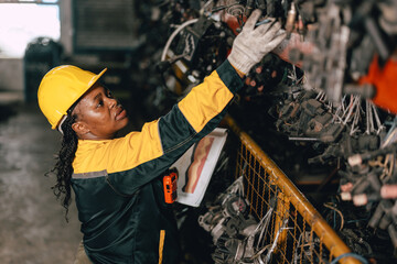 African black women engineer worker working in old used machine part stock warehouse.