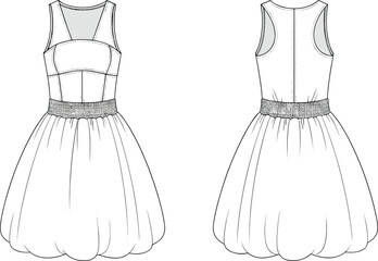 Sleeveless bubble hem dress flat sketch, cad drawing flat vector illustration, racerback gown design, fashion technical apparel template, scoop neckline