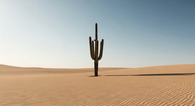 A solitary saguaro cactus stands tall in the vast desert landscape under a clear blue sky, symbolizing resilience and the stark beauty of the arid environment