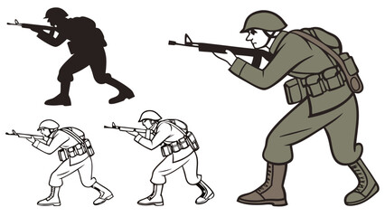Soldier Armed with Rifle Three Variations Cartoon Style Depiction Graphic Design Vector Illustration for War Concept