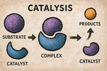 촉매의 화학적 작용 과정을 보여주는 일러스트(전문용어 포함)-Illustration showing the chemical reaction of a catalyst (including technical terms)