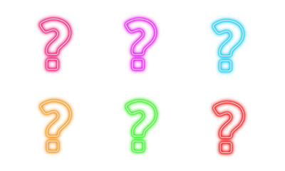 Neon glowing question mark vector icons set, inquiry, help, support, FAQ, information, problem, solution, glowing vibrant digital design illustration on white background.