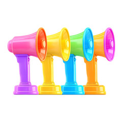 Colorful megaphones array against transparent background