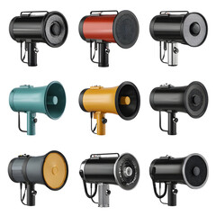 Collection of colorful megaphones on transparent background communication devices various designs