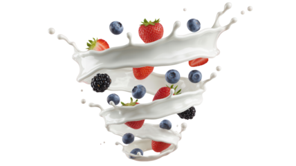 Fresh mixed berries swirling in a creamy milk splash creating a delicious healthy breakfast or dessert concept