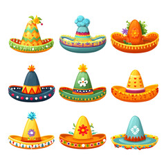 Colorful sombrero collection vector illustration on transparent background