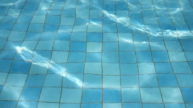 A peaceful background video of a clear blue swimming pool, with sparkling caustic light patterns and gentle ripples on the water surface