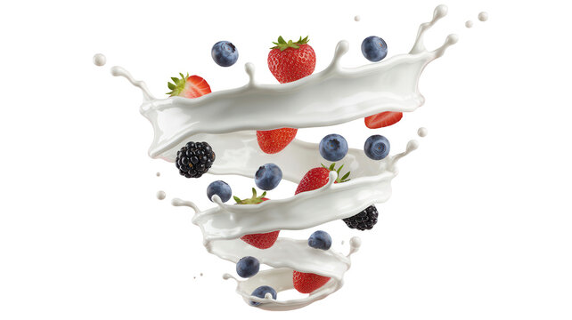 Fresh mixed berries swirling in a creamy milk splash creating a delicious healthy breakfast or dessert concept