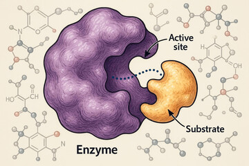 효소와 기질의 상호작용을 보여주는 일러스트(전문용어 포함)-Illustration showing enzyme-substrate interactions (including technical terms)