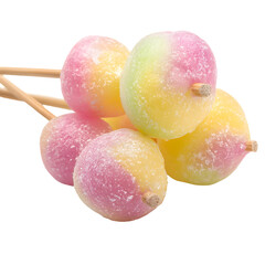 Colorful candied spheres on skewers against a transparent background
