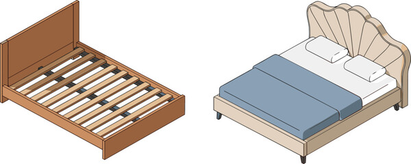 Modern wooden bed frame and luxury upholstered bed illustration, bedroom furniture design, home interior decoration, mattress and headboard concept