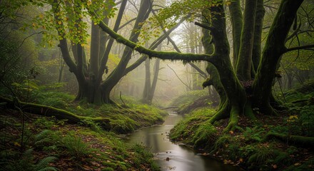 Fototapeta premium Serene misty forest with ancient moss covered trees and a tranquil stream flowing through