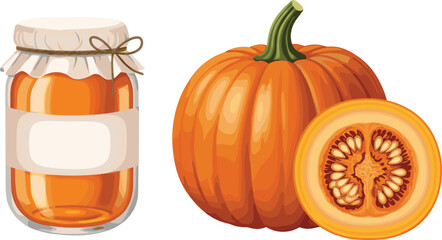 Pumpkin and jar illustration, organic vegetable and homemade jam, autumn harvest concept, healthy food design, natural product vector art