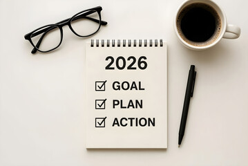 2026 goal plan action checklist with coffee and glasses signifying new year resolutions and productivity