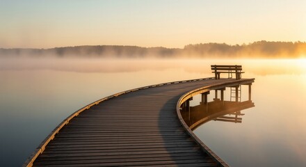 Serene wooden pier with a bench extending into a calm, misty lake at golden sunrise