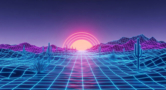 Retro futuristic desert landscape with neon grid road, cacti, mountains, and sunset, evoking a sense of 80s nostalgia and digital exploration