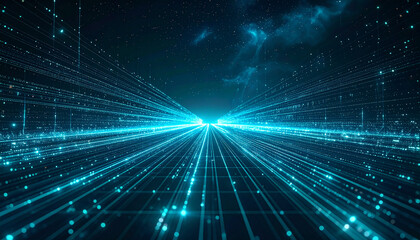 Fototapeta premium Digital highway: a vibrant, futuristic landscape showcasing a network of luminous, electric blue lines converging towards a radiant horizon, symbolizing the interconnectedness of modern technology. 