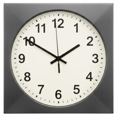 A square clock with a circular face, black hands, numbers, and a gray border