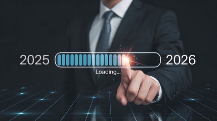 Businessman presses progress bar transitioning from 2025 to 2026 symbolizing future progress and growth