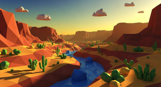 Low poly desert landscape with a river, cacti, and clouds in the sky, showcasing a stylized and simplified natural environment at sunset