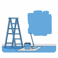 Ladder and paint bucket next to a blue painted wall