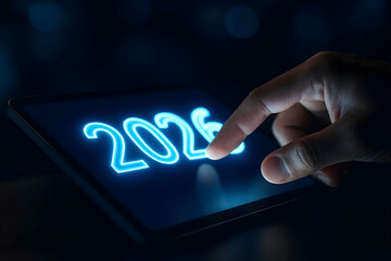 Hand touching bright blue neon year 2025 glowing light futuristic digital display