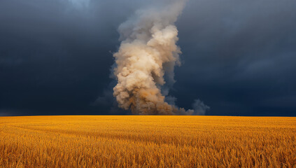 Golden field dark sky smoke plume fire wheat field