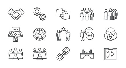 A collection of line art icons representing business concepts and teamwork.