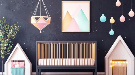 Dark modern nursery with minimalist crib, geometric mobile, and soft LED strips, muted tones, bottom copy space, style advertising