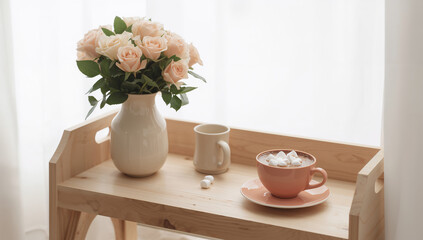 Peach roses hot chocolate cozy morning bouquet vase