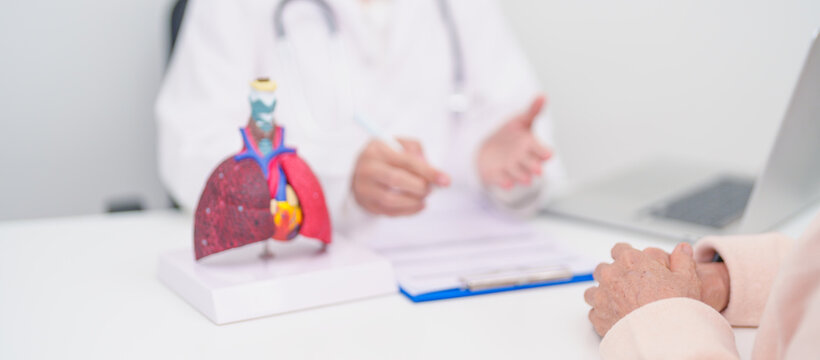 Doctor with Respiratory system. Elderly Patient consultation medical health for Lung Cancer, Asthma, Chronic Obstructive Pulmonary, Bronchitis, Emphysema, Cystic Fibrosis, Bronchiectasis, Pneumonia