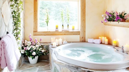 Luxury home spa with hydrotherapy tub, stone flooring, and aromatherapy diffusers, candlelit ambiance, vertical copy area, style advertising