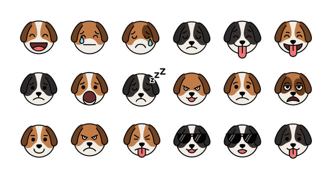 Collection of dog face emojis with various expressions, including happy, sad, angry, sleeping, and playful.