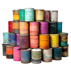 Colorful stacked paint cans displayed on transparent background