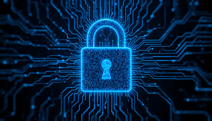 Glowing blue padlock icon with circuit board pattern on dark background