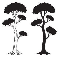Two stylized tree silhouettes outlined and solid black isolated against white background