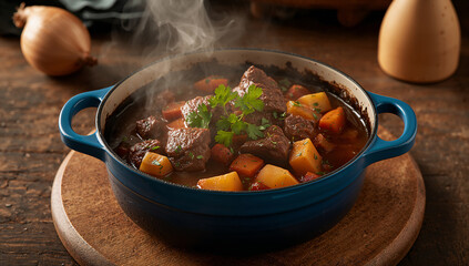 Hearty Beef Stew Simmering in Blue Pot rustic comfort food