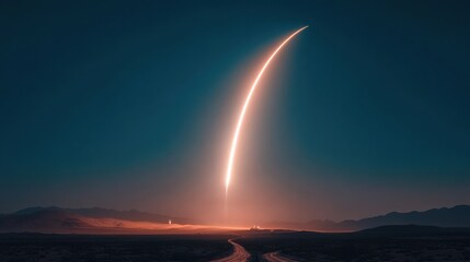 Rocket launching over desert landscape at night