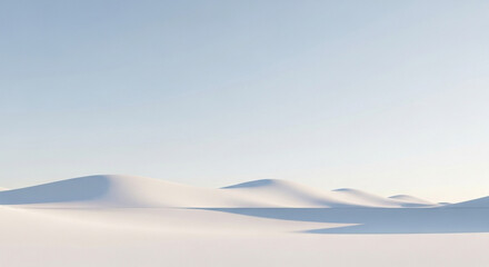 Minimalist landscape of rolling white hills under a soft blue sky, creating a serene and peaceful atmosphere isolated on white background