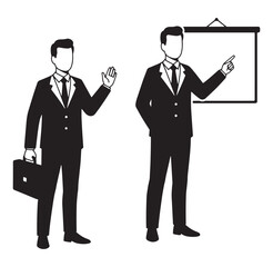 Vector illustration of two businessmen in suits in different business poses with a presentation board