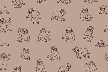 Seamless pattern with a funny little sloth. Cute lazy little kawaii sloth.