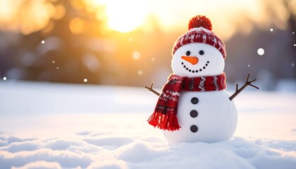 Obraz premium Snowy snowman, warm colors, winter scene