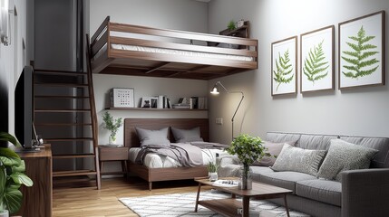 Dark modern studio apartment with loft bed, modular furniture, and smart home tech, minimalist lighting, text space at top style advertising