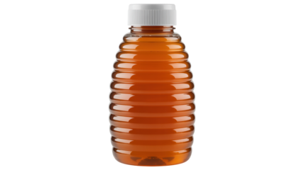 A clear plastic bottle filled with golden amber liquid resembling honey against a solid black background