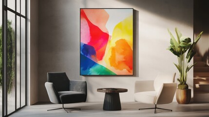 Abstract painting with armchairs and houseplant in serene living room