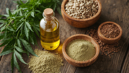 Rustic still life of hemp products hemp leaves hemp oil