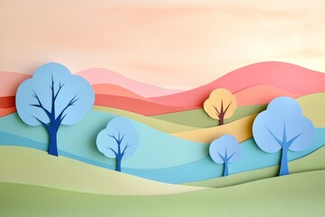 Pastel-colored landscape with layered hills and cheerful paper trees.