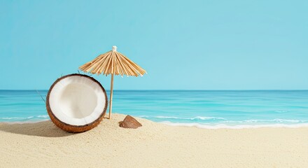 Escape to paradise with this stunning beach scene featuring fresh coconut and miniature umbrella, perfect for summer promotions and tropical vacation vibes