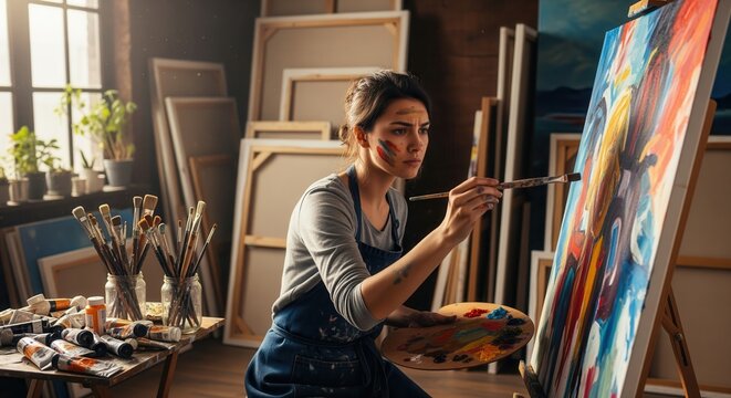 Young female artist painting vibrant abstract artwork on canvas in a sunlit art studio