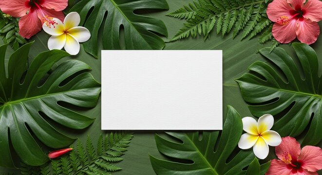 Elegant tropical invitation mockup with vibrant hibiscus flowers and monstera leaves creates a lush island vibe for your wedding stationery or travel promotions